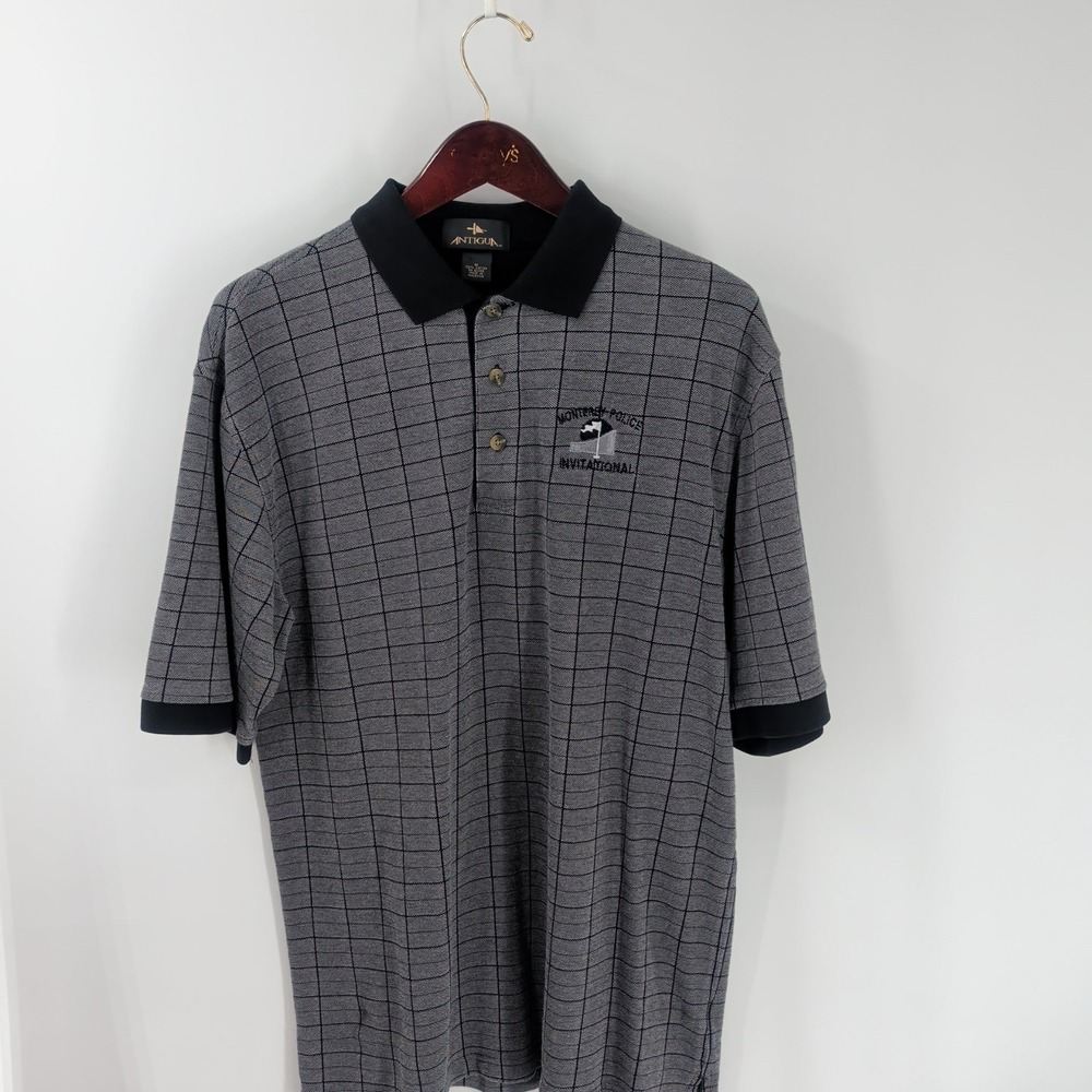 Vtg Y2K Antigua Check Monterey Police Invitational Cotton Golf Polo Gray Black M